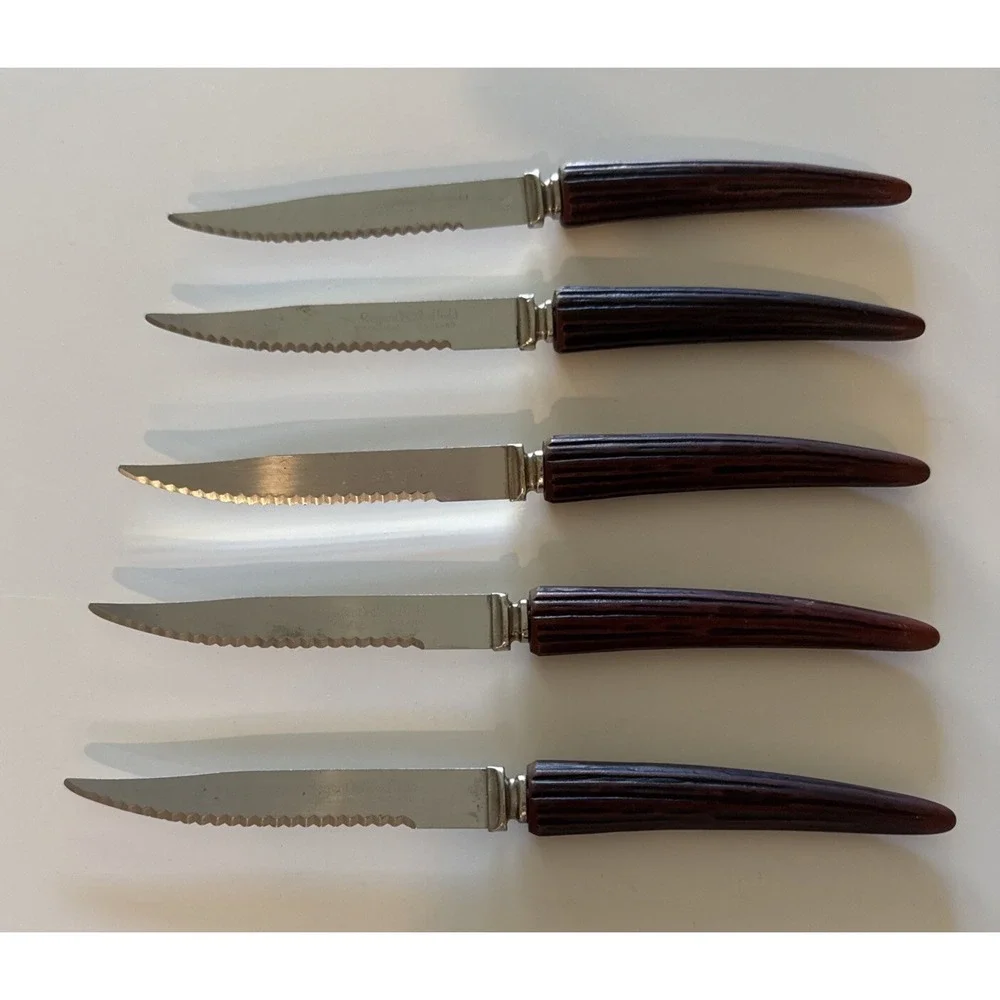 Vtg Regent Stainless Sheffield, England Bakelite Faux Stag Horn Steak Knives 5pc